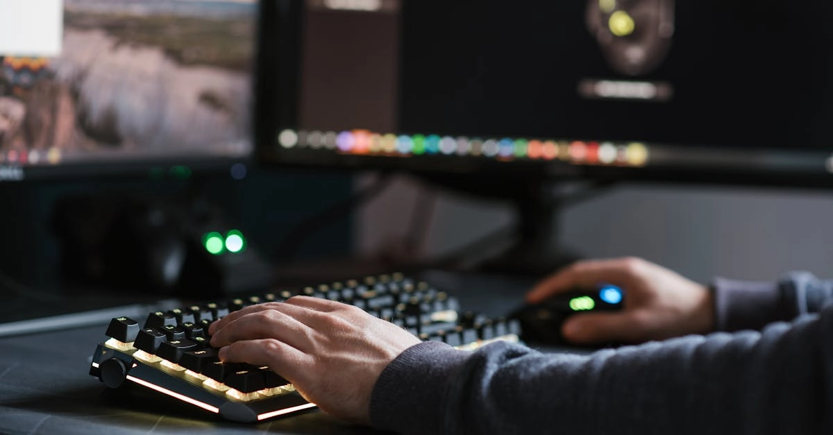 Сотрудник за компьютером в офисе с игровым контентом на экране